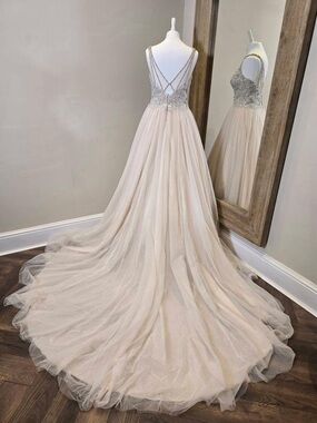 Beaded Crisscross Back Tulle Wedding Gown in Blush Champagne